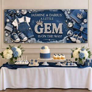 Personalized blue denim and diamonds baby shower vinyl banner displayed above a party table