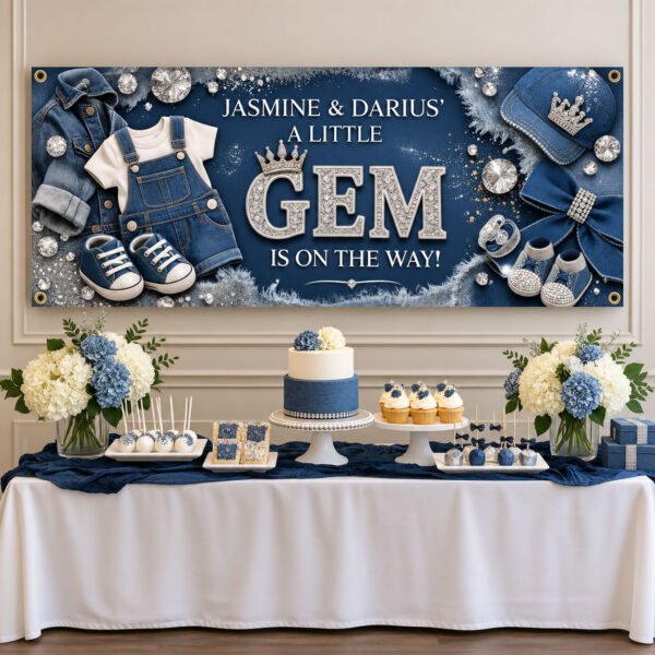 Personalized blue denim and diamonds baby shower vinyl banner displayed above a party table