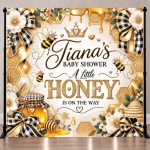 A Little Honey baby shower backdrop featuring gold honeycombs, bumble bees, gingham bows, honey jar and personalized baby shower name