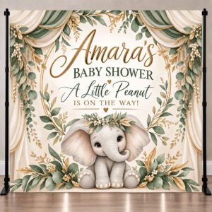 A Little Peanut elephant baby shower backdrop with watercolor elephant, sage green foliage, ivory drapery and personalized name