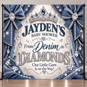 Personalized Denim and Diamonds baby shower backdrop featuring realistic blue denim bows, silver rhinestones, jeweled crown and diamond accents