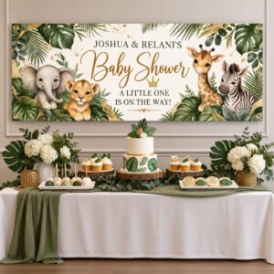 Personalized safari baby shower banner with watercolor jungle animals and sage greenery displayed above a party table