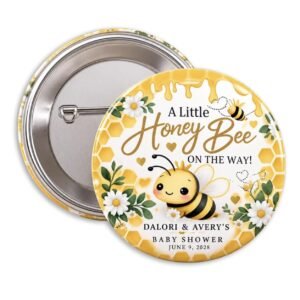 Honey Bee baby shower button featuring a cute yellow bumble bee, golden honeycomb, dripping honey, white daisies, and A Little Honey Bee Is on the Way wording.