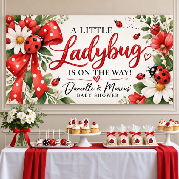 Personalized ladybug baby shower banner with red polka-dot bow, watercolor flowers, red ladybugs