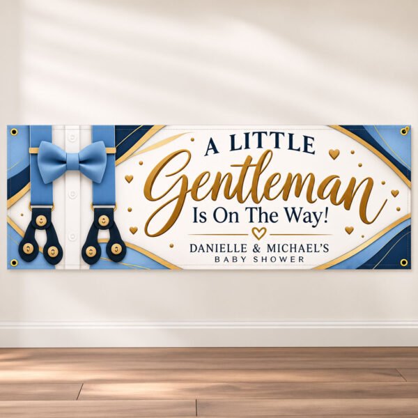 Personalized Little Gentleman Baby Shower Banner with blue suspenders, bow tie, gold lettering and parents-to-be names