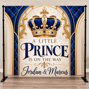 Little Prince Baby Shower Backdrop in royal blue and gold personalized with name