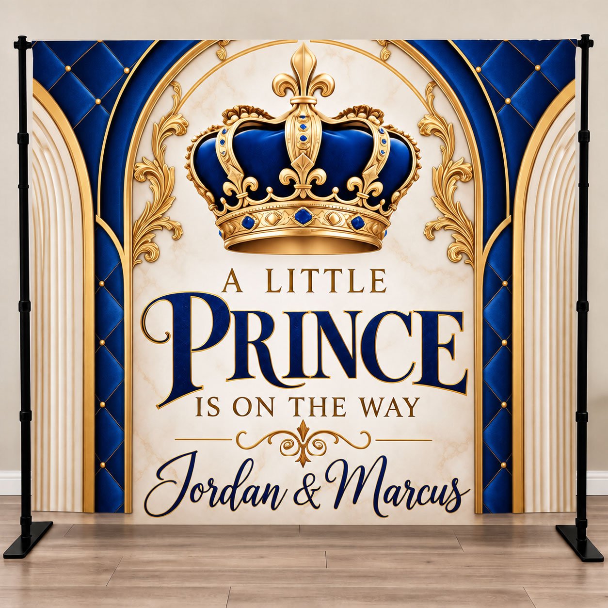 Little Prince Baby Shower Backdrop in royal blue and gold personalized with name