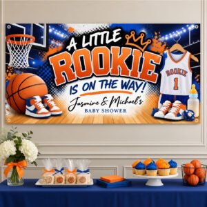 Personalized basketball baby shower banner with A Little Rookie Is on the Way lettering, baby basketball sneakers and blue orange graphics