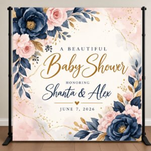 Elegant navy blue and blush pink floral baby shower backdrop with gold accents and personalized parents-to-be names.