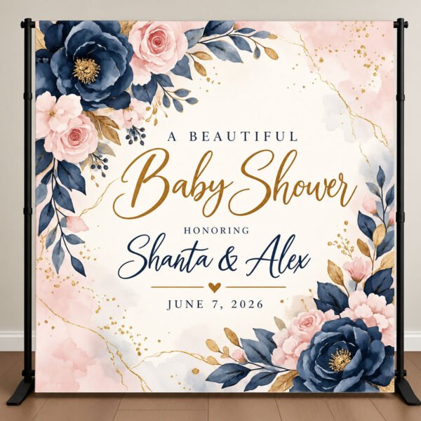 Elegant navy blue and blush pink floral baby shower backdrop with gold accents and personalized parents-to-be names.