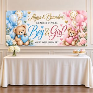 Personalized pink and blue gender reveal vinyl banner with teddy bears displayed above a party table