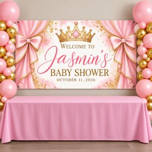 Personalized pink and gold princess baby shower vinyl banner with royal crown, pink curtains, satin bows, and custom name