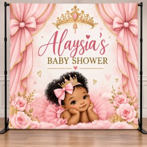 Pink and gold Princess Baby Shower Backdrop featuring an African American baby girl with a crown, pink bows, roses, and personalized name