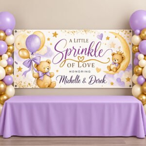 Personalized A Little Sprinkle of Love teddy bear baby shower banner with lavender balloons, gold stars, crescent moon and custom names
