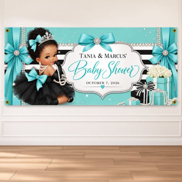 Personalized Tiffany Blue Princess Baby Shower Banner featuring an adorable Black baby girl in a black tutu with turquoise bows, tiara, and pearl accents.