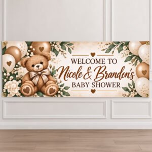 Personalized We Can Bearly Wait teddy bear baby shower banner with champagne balloons, ivory flowers, sage greenery, and custom names