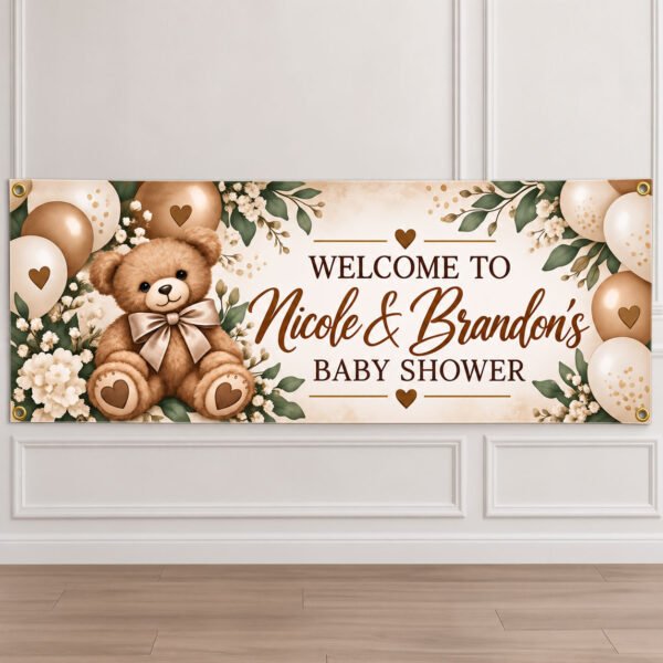 Personalized We Can Bearly Wait teddy bear baby shower banner with champagne balloons, ivory flowers, sage greenery, and custom names