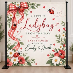 Personalized ladybug baby shower backdrop with red watercolor ladybugs, garden florals, and A Little Ladybug Is on the Way lettering