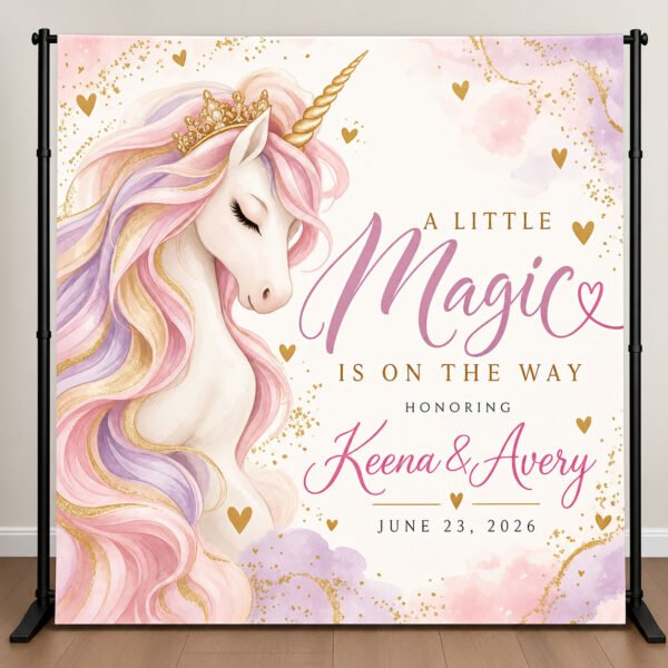 Personalized unicorn baby shower backdrop featuring a white unicorn with pastel pink and lavender mane, gold accents, and A Little Magic Is on the Way wording.