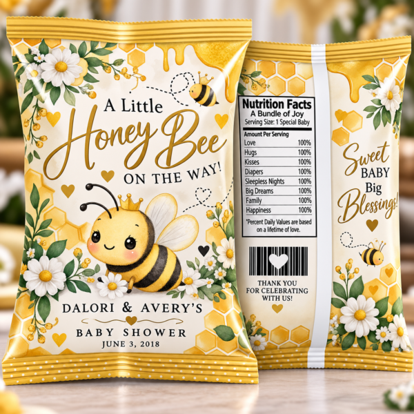 Personalized Bumble Bee Baby Shower Chip Bags featuring yellow honeycomb, white daisies, and a cute honey bee