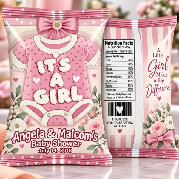 Personalized Baby Girl Onesie Party Favor Chip Bags with pink It's a Girl design, bows, and flowers