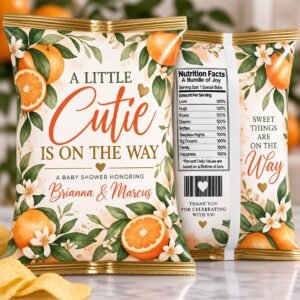 A Little Cutie Baby Shower Chip Bags featuring oranges, citrus slices, greenery, and white blossoms