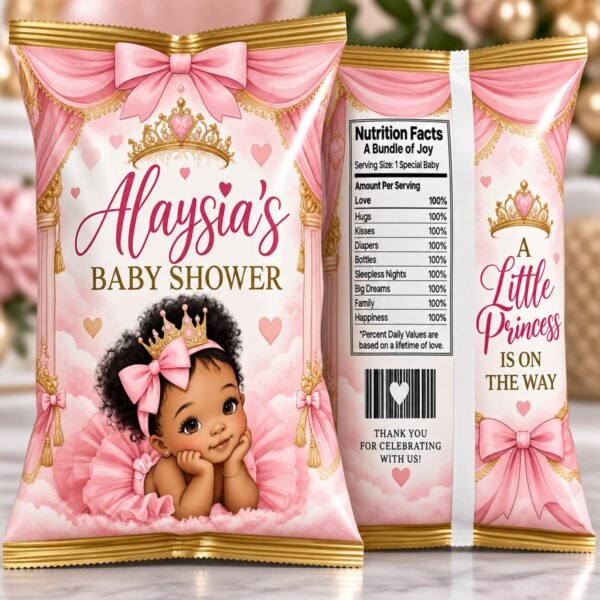 Little Princess Baby Shower Chip Bags featuring a baby princess with a gold crown, pink satin bows, and royal pink decorations