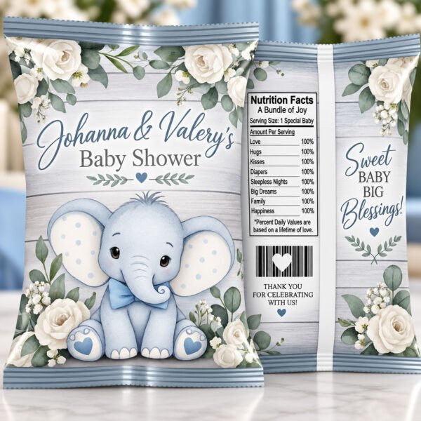 Personalized blue baby elephant baby shower chip bags with ivory roses and eucalyptus greenery