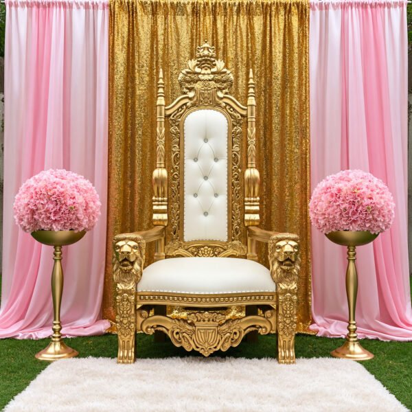 Gold and ivory throne chair with pink draping, gold sequin backdrop and floral centerpieces for an elegant party rental package on Long Island