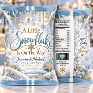 Personalized winter snowflake baby shower chip bags in icy blue and gold with custom names and snowflake decorations