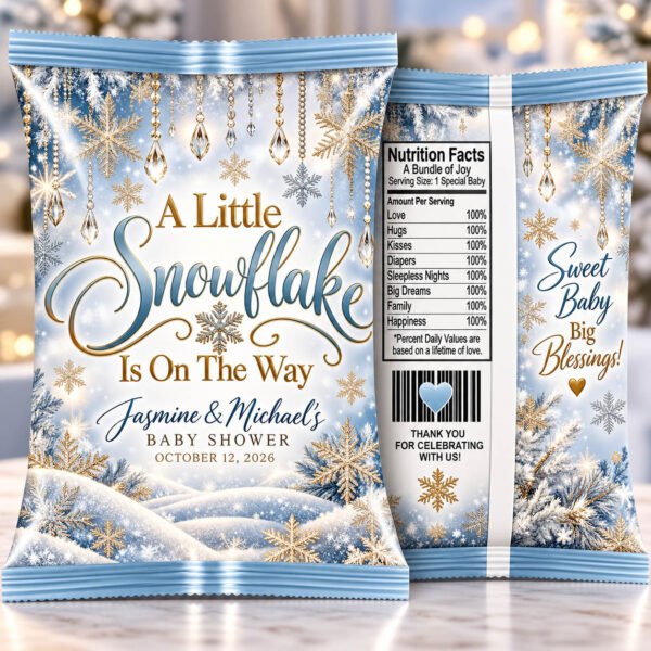 Personalized winter snowflake baby shower chip bags in icy blue and gold with custom names and snowflake decorations