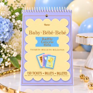 Pastel baby shower raffle ticket pad with 150 tickets featuring colorful baby animal designs in blue, yellow, and lavender for baby shower games and activities