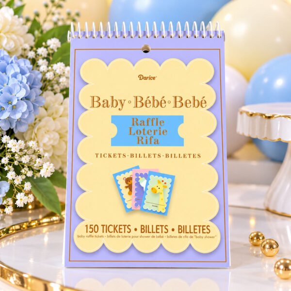 Pastel baby shower raffle ticket pad with 150 tickets featuring colorful baby animal designs in blue, yellow, and lavender for baby shower games and activities