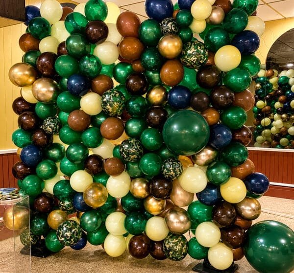 Custom Balloon Wall Backdrop in green gold brown and navy