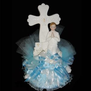 kneeling boy with cross cake topper