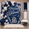 Custom Denim and Diamonds Sweet 16 backdrop personalized for a 16th birthday party