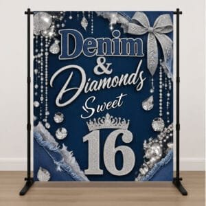 Custom Denim and Diamonds Sweet 16 backdrop personalized for a 16th birthday party