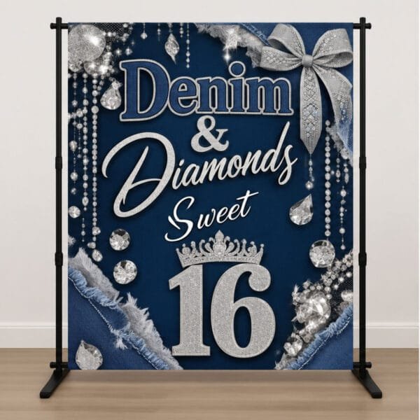 Custom Denim and Diamonds Sweet 16 backdrop personalized for a 16th birthday party