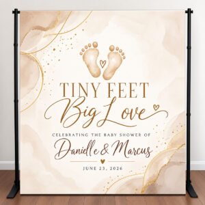 Personalized neutral baby shower backdrop with watercolor baby footprints, champagne gold accents, and Tiny Feet Big Love lettering