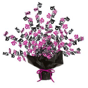 pink and black balloon centerpiece