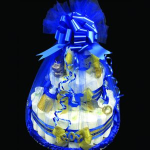 The brat shack blue and gold diaper cake