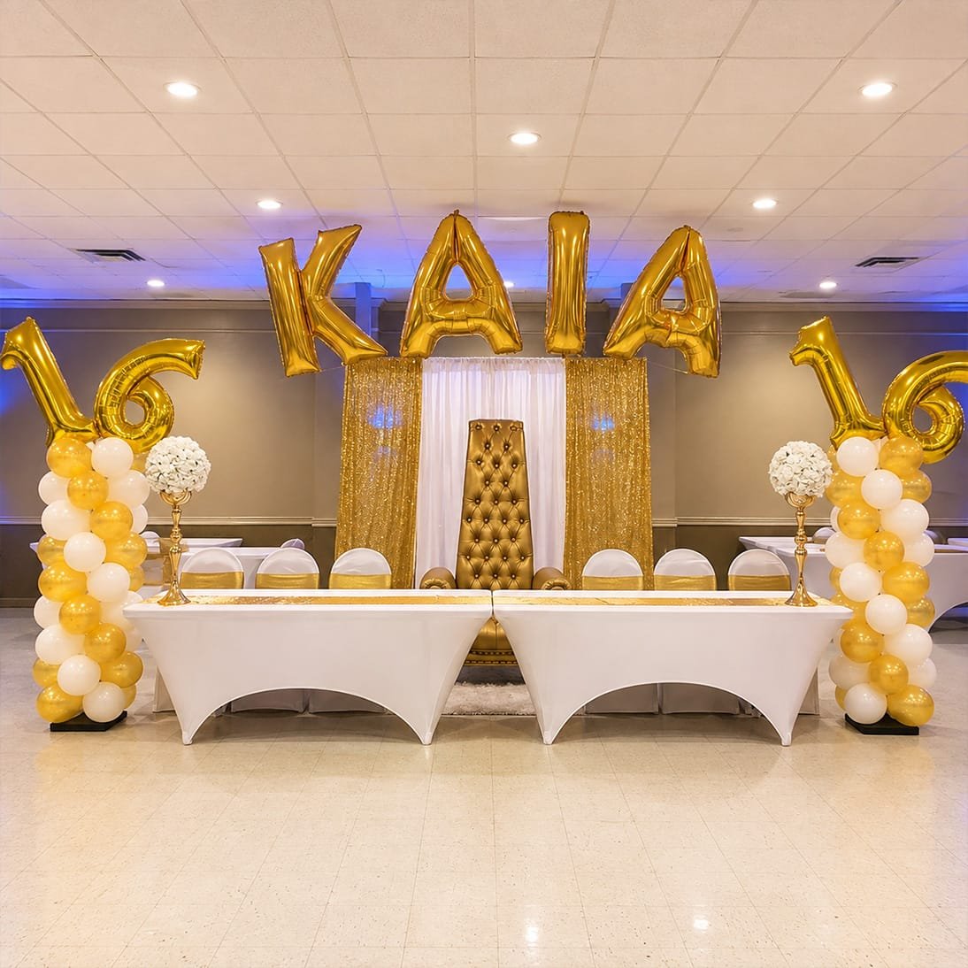 sweet 16 balloon columns and name arch