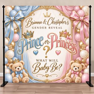 Prince or Princess gender reveal backdrop with pink and blue watercolor design and gold crowns