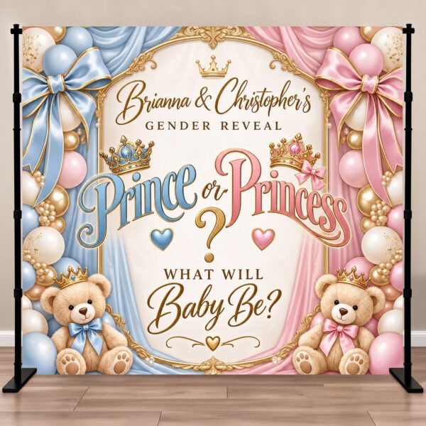Prince or Princess gender reveal backdrop with pink and blue watercolor design and gold crowns
