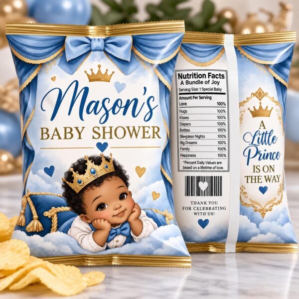 Little Prince Baby Shower Chip Bags featuring an adorable baby prince, royal blue draping, gold crowns, and decorative bows