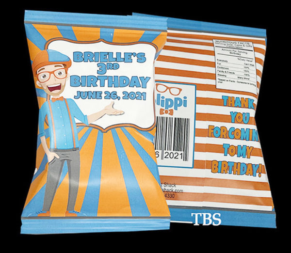 the brat shack blippi theme party favor chip bags