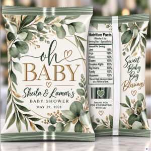 Personalized greenery baby shower chip bags featuring elegant eucalyptus leaves, gold accents, and custom names, displayed front and back for The Brat Shack Party Store