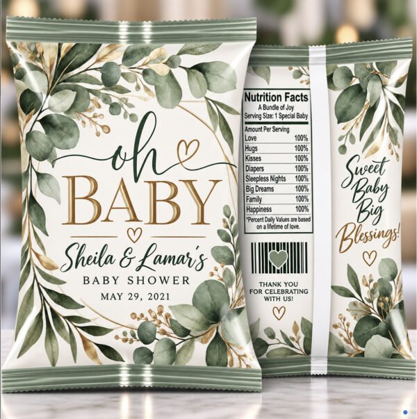 Personalized greenery baby shower chip bags featuring elegant eucalyptus leaves, gold accents, and custom names, displayed front and back for The Brat Shack Party Store