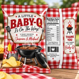 Personalized Baby Q party favor chip bags with red gingham BBQ baby shower design