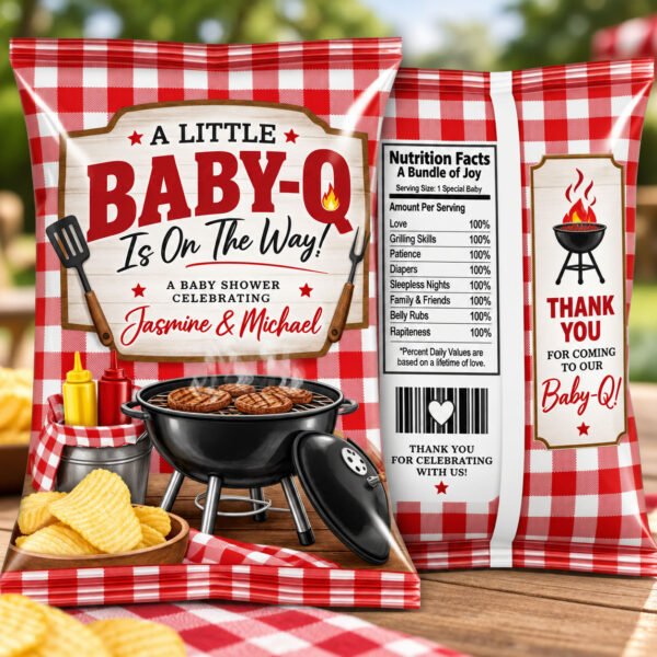 Personalized Baby Q party favor chip bags with red gingham BBQ baby shower design